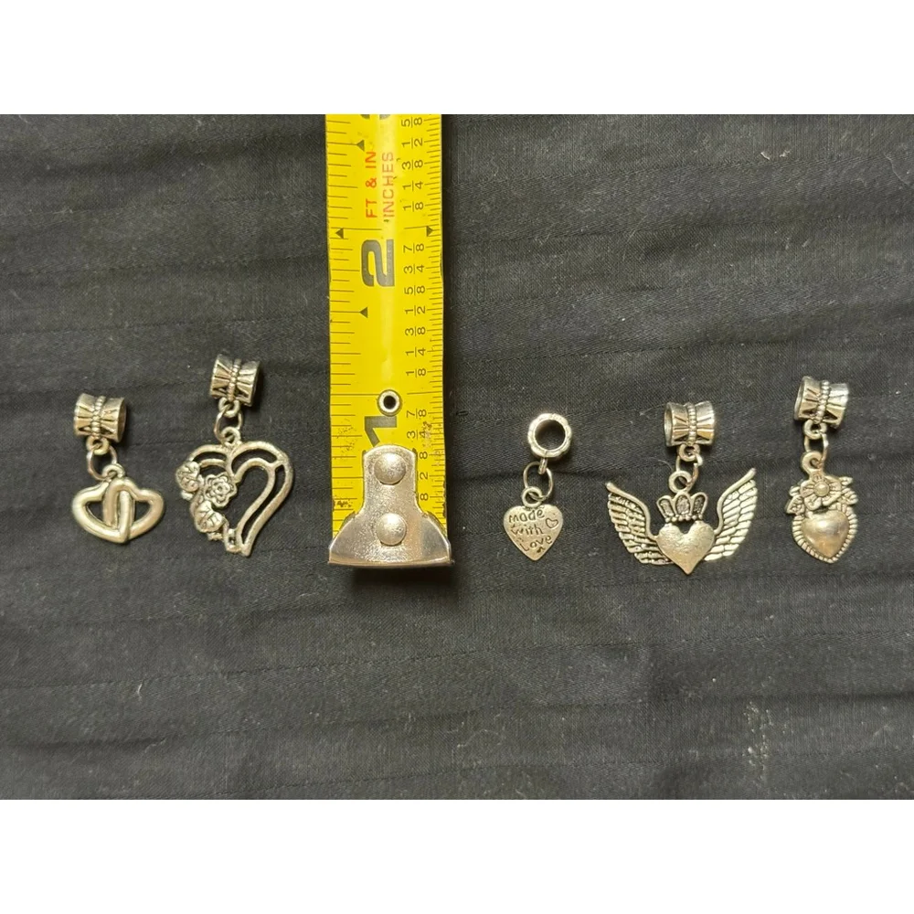 Set of 5 Silver Heart themed Charms Bracelet Hearts & winged Heart